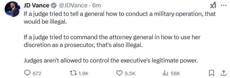 A screenshot of a tweet by JD Vance showing his text about judicial limits on executive power. The tweet is displayed with…