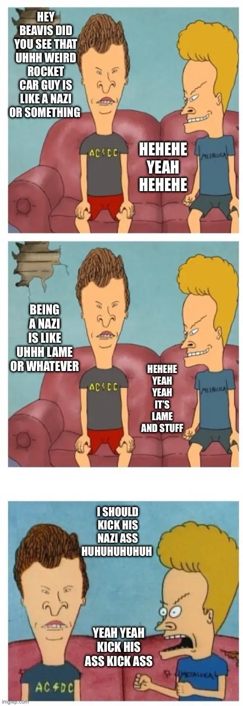 The image is a three-panel meme featuring the cartoon characters Beavis and Butt-Head sitting on a red couch. In the first…