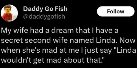 A screenshot of a Twitter post by user 'Daddy Go Fish' (@daddygofish) featuring a Lego minifigure profile picture. The tweet…