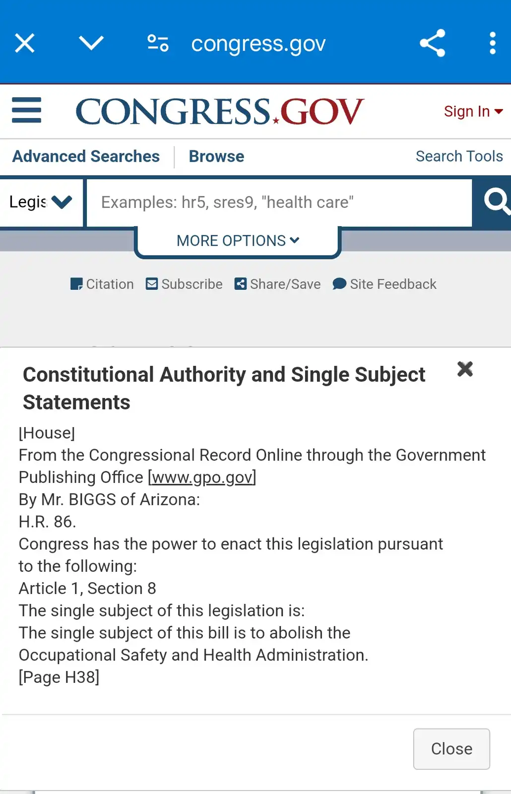 A screenshot of the congress.gov website showing a legislative bill's single subject statement. The text, attributed to 'Mr…