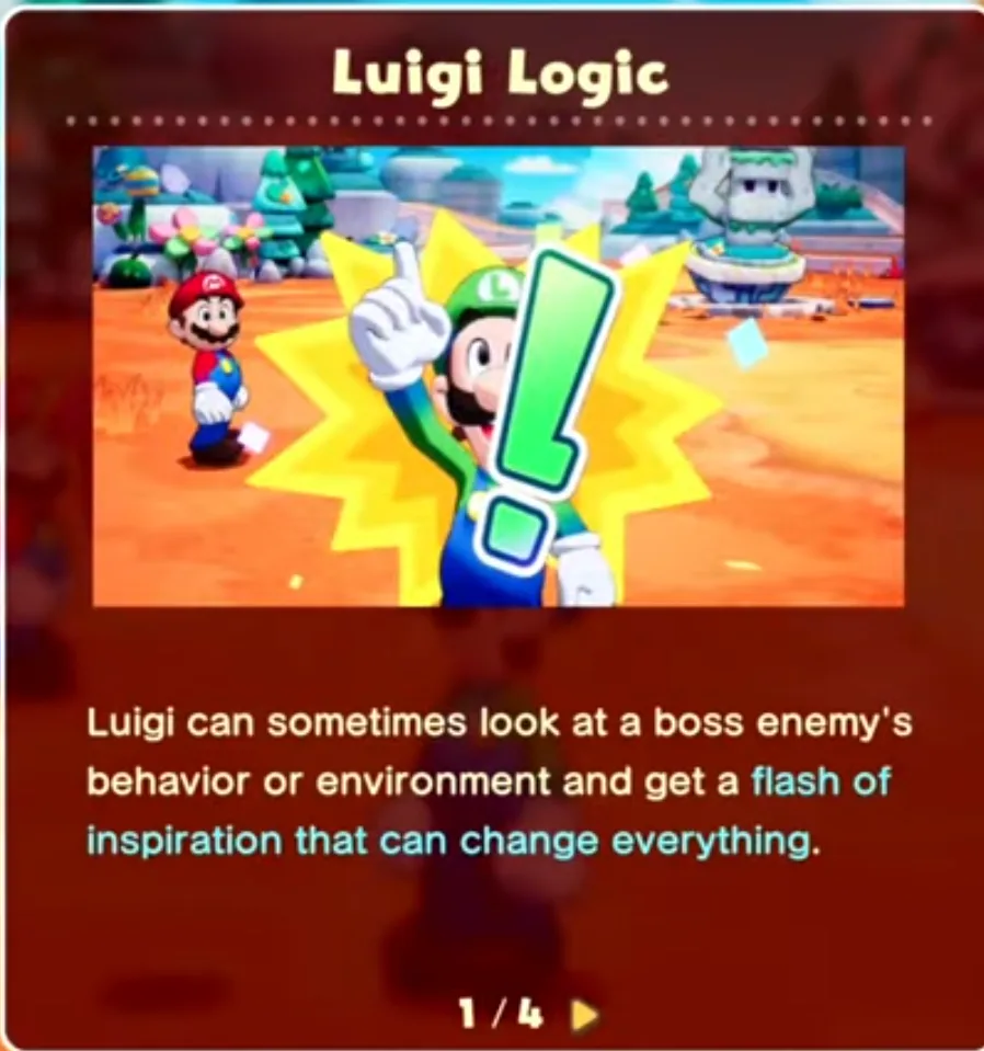 The image shows Luigi from the Mario series, pointing upward with a large green exclamation mark beside him, surrounded by a…