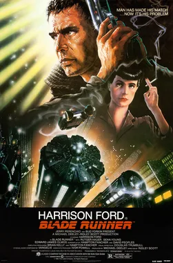 A movie poster for 'Blade Runner' featuring Harrison Ford as Deckard holding a gun, with a woman beside him also holding a…