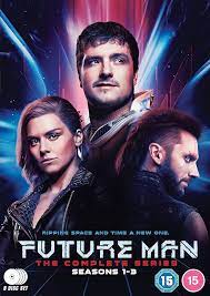 A promotional poster for the TV show 'Future Man' featuring three main characters against a futuristic, neon-lit background…