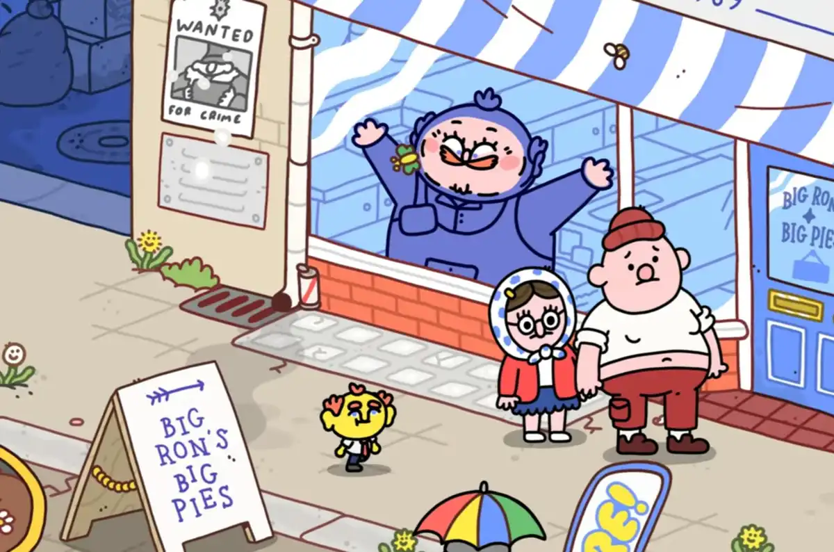 A cartoon scene shows a 'WANTED FOR CRIME' poster on a storefront wall, while a cheerful, bearded man in a blue outfit waves…