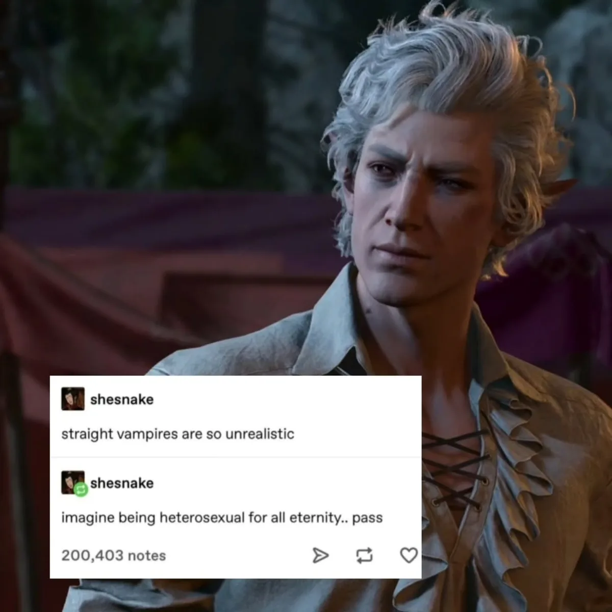 A screenshot of a Tumblr post by user 'shesnake' overlaid on an image of a male elf-like character with silver hair and…