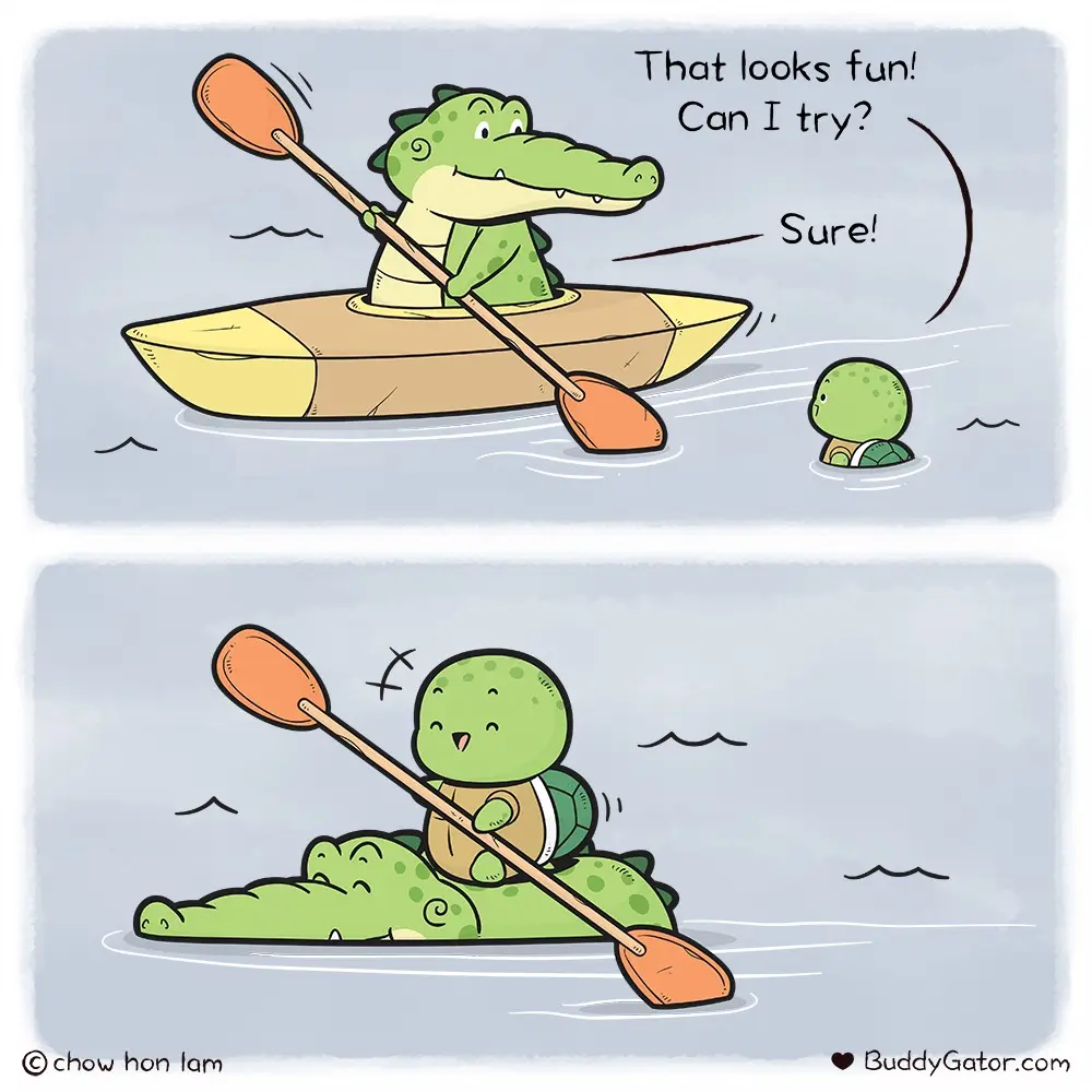 A two-panel cartoon shows a green crocodile happily kayaking in a yellow boat while a small green turtle asks if it can try…
