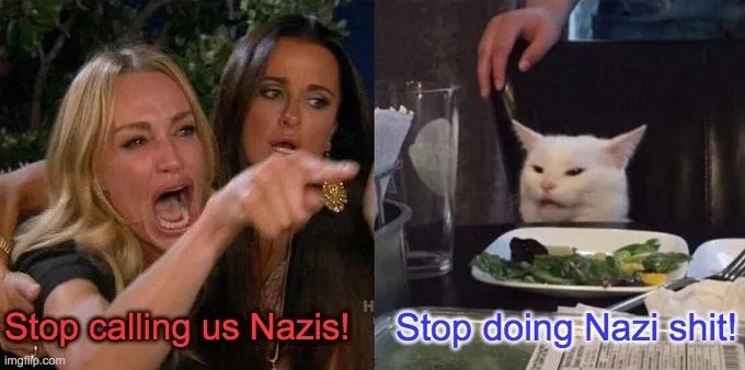 The image is a split-screen meme. On the left, two women are shown with shocked and angry expressions, one pointing…