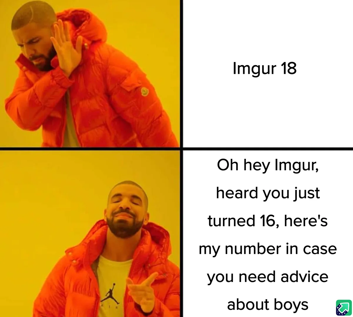 The image shows Drake in two panels: top panel he covers his ears with a frustrated expression, bottom panel he smiles and…
