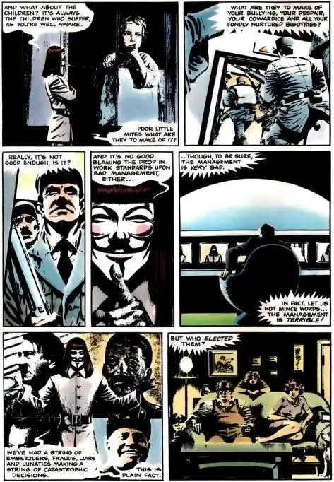 A comic strip panel shows a woman confronting a man, then a man in a mask, then a group of people in a room. The text…