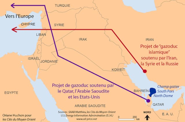 A map of the Middle East showing two proposed gas pipelines: one red line from Iran to Europe via Syria and Turkey, labeled…