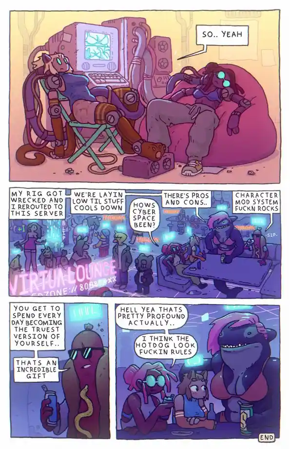 A comic strip depicts two cyberpunk-style anthropomorphic characters relaxing in a messy room with old tech, then…