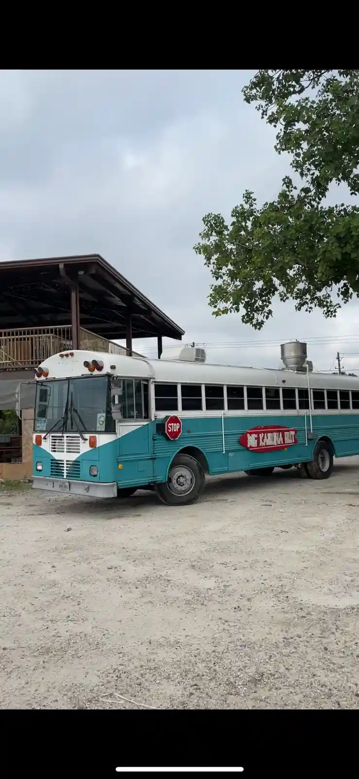 A vintage turquoise and white school bus is parked on gravel, featuring a red oval sign on its side that reads 'BIG KARINA…
