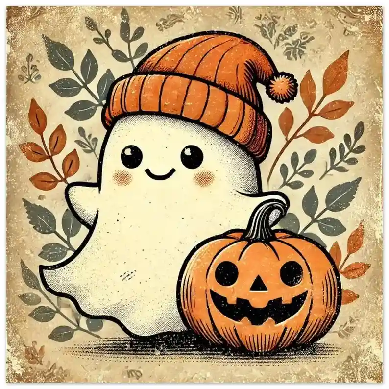 A cute, smiling white cartoon ghost wearing an orange knit hat with a pom-pom stands beside a carved jack-o'-lantern. Both…