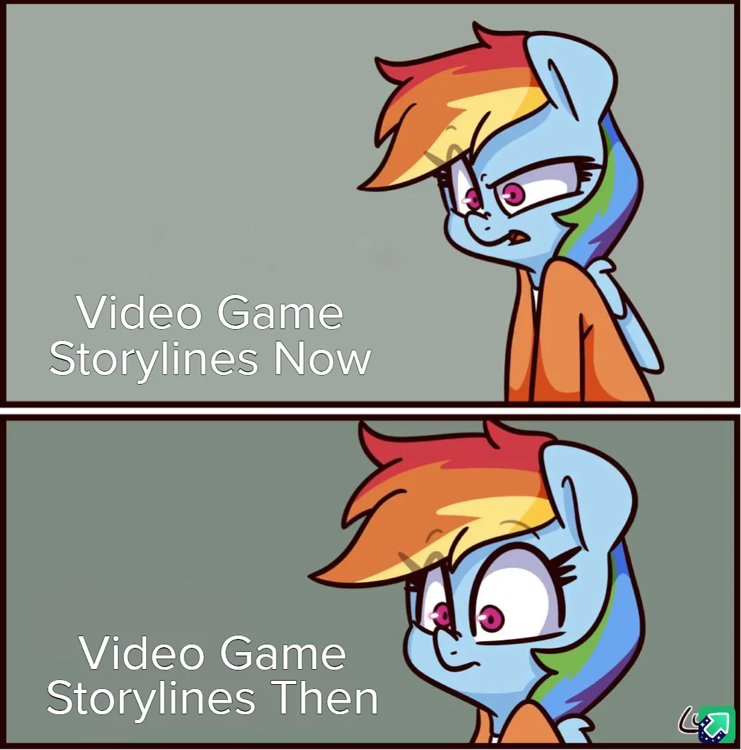 Two-panel meme featuring the character Rainbow Dash from My Little Pony. In the top panel, she has a skeptical, unimpressed…