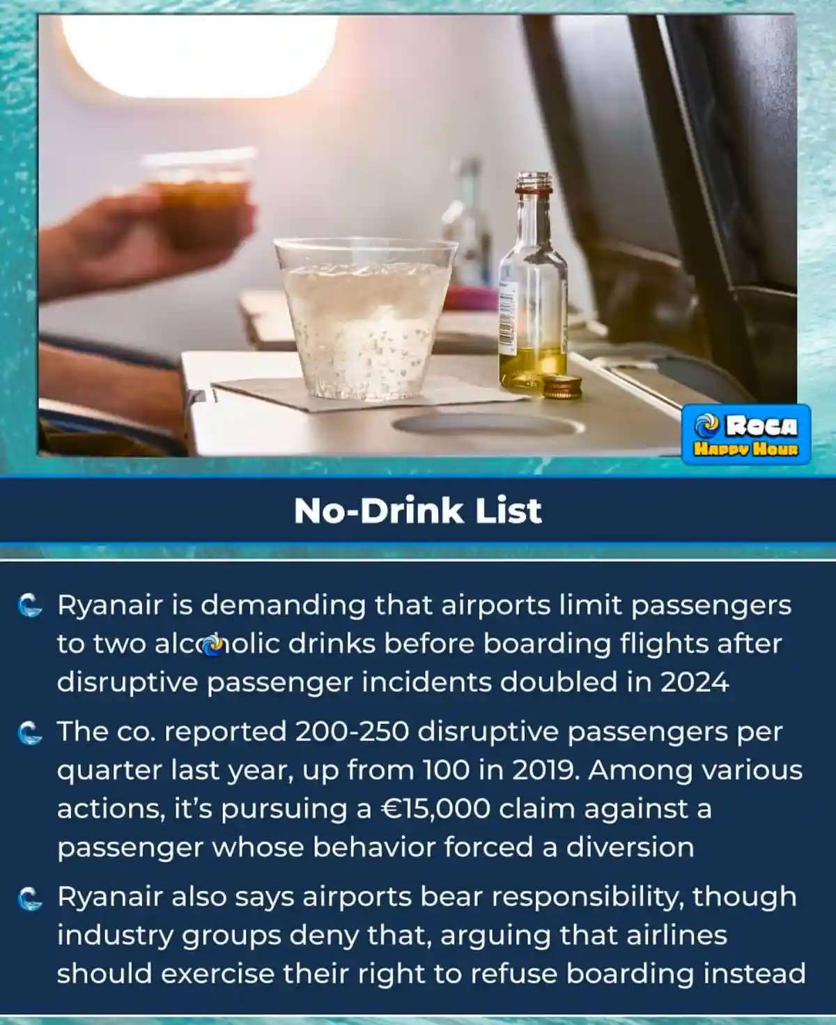 An image of a plane tray table with a glass of fizzy drink and a small bottle of alcohol, with overlaid text titled…