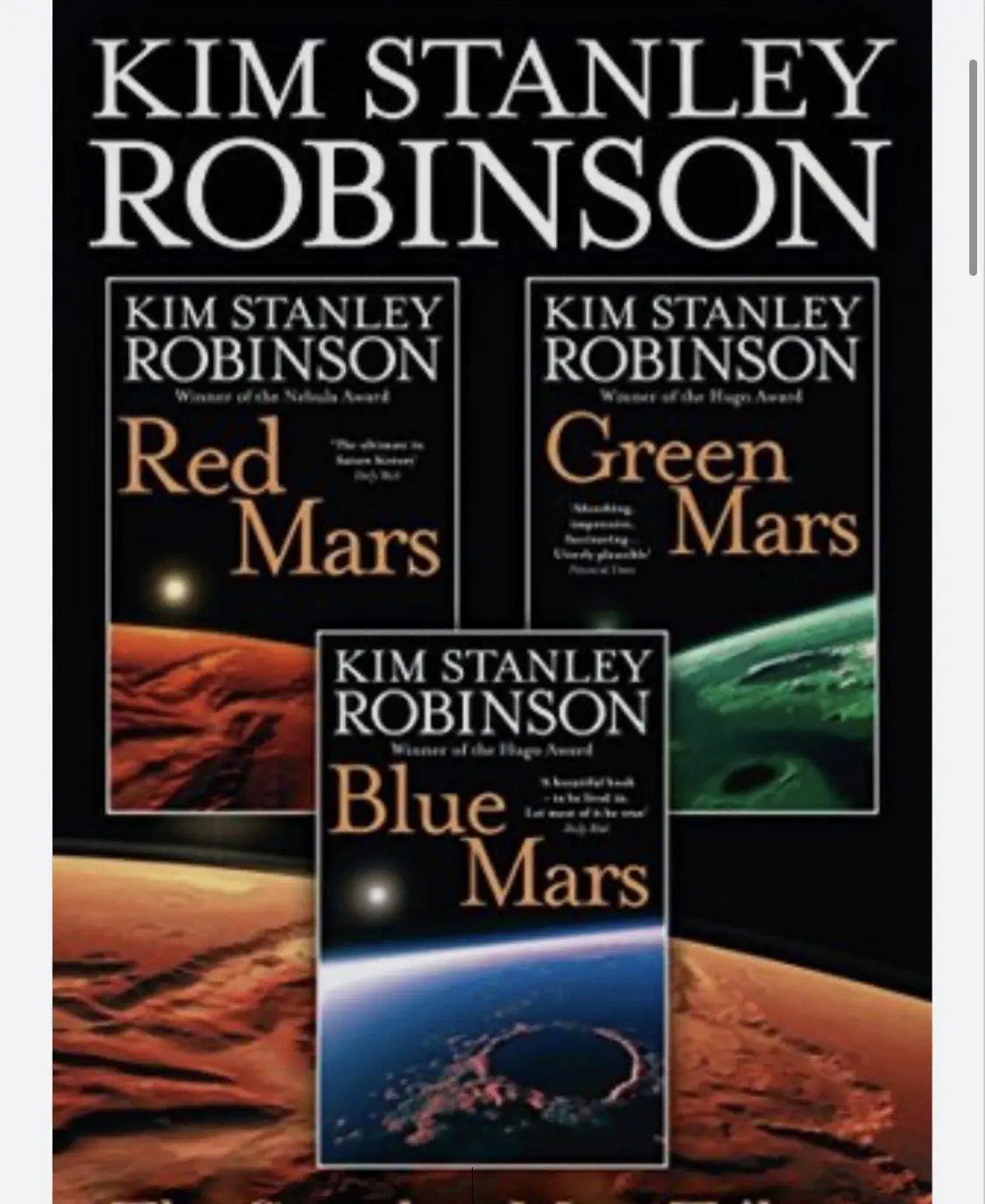 The image displays three book covers by Kim Stanley Robinson, titled 'Red Mars', 'Green Mars', and 'Blue Mars', arranged in…