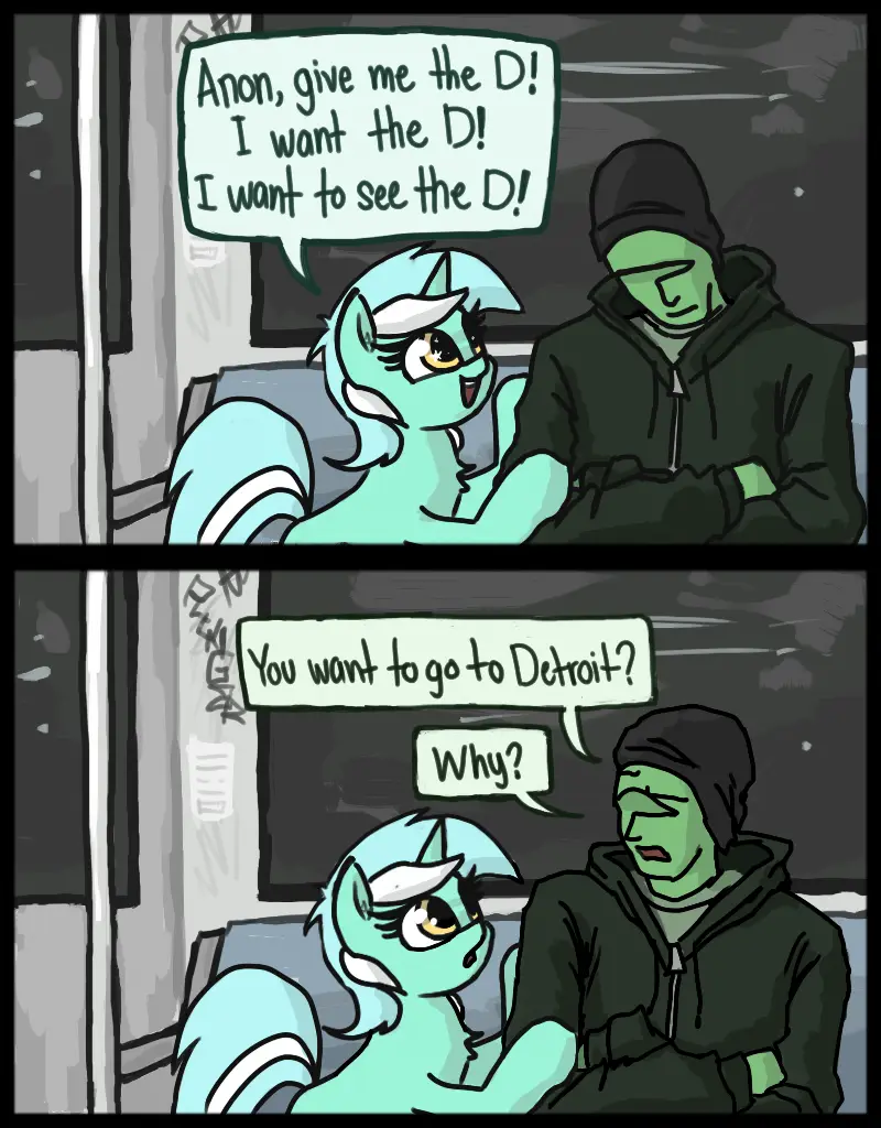 A two-panel comic featuring a light blue pony with white markings and a green-skinned human in a hoodie. In the first panel…