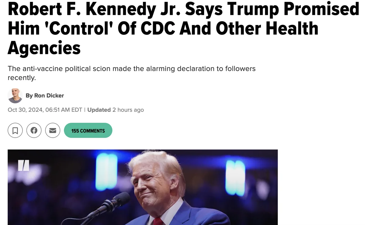 A screenshot of a news article headline stating Robert F. Kennedy Jr. claims Trump promised him 'control' of CDC and other…
