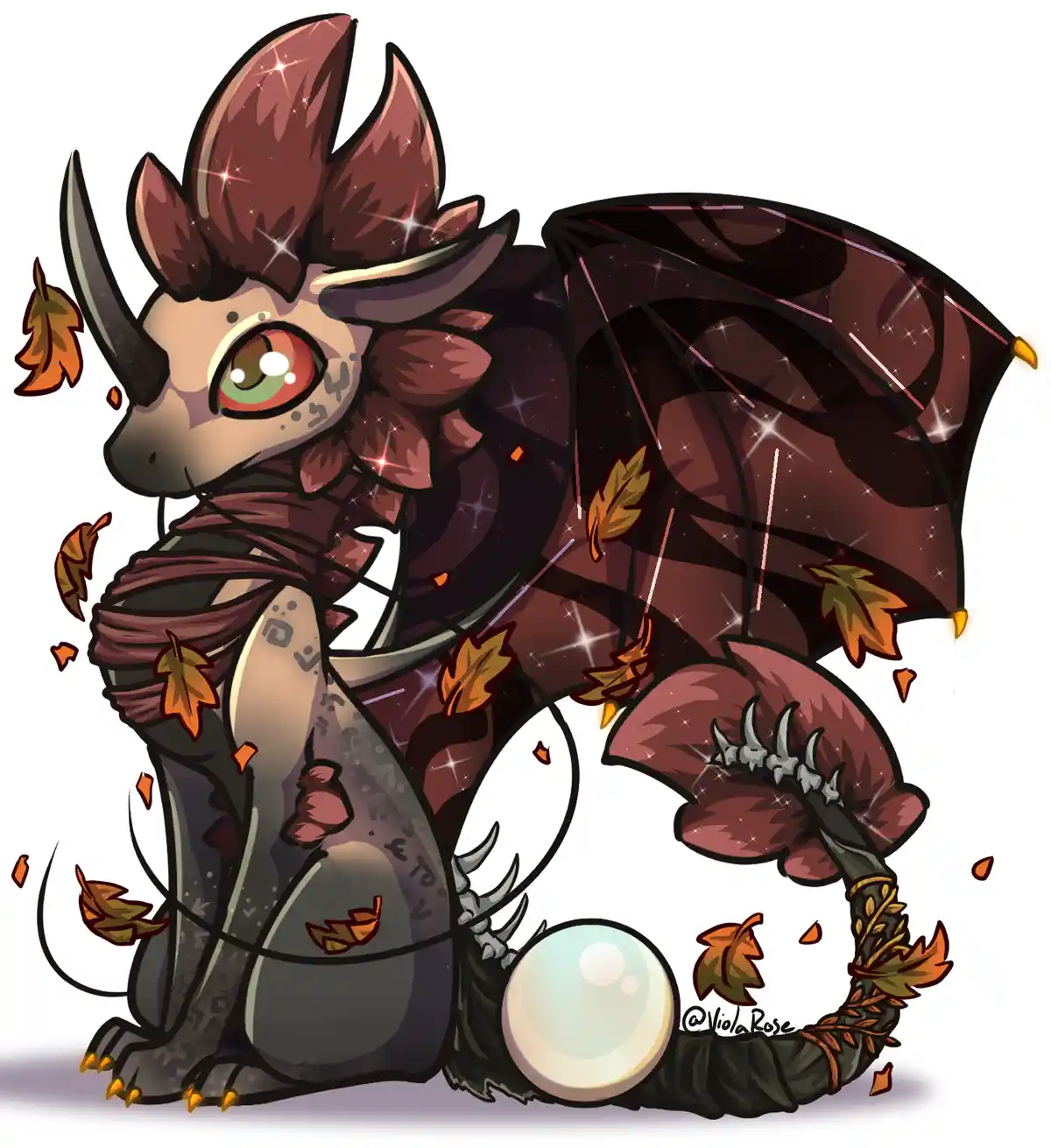 A cute, chibi-style dragon with brown fur, large green eyes, and dark wings sits beside a large pearl, surrounded by falling…