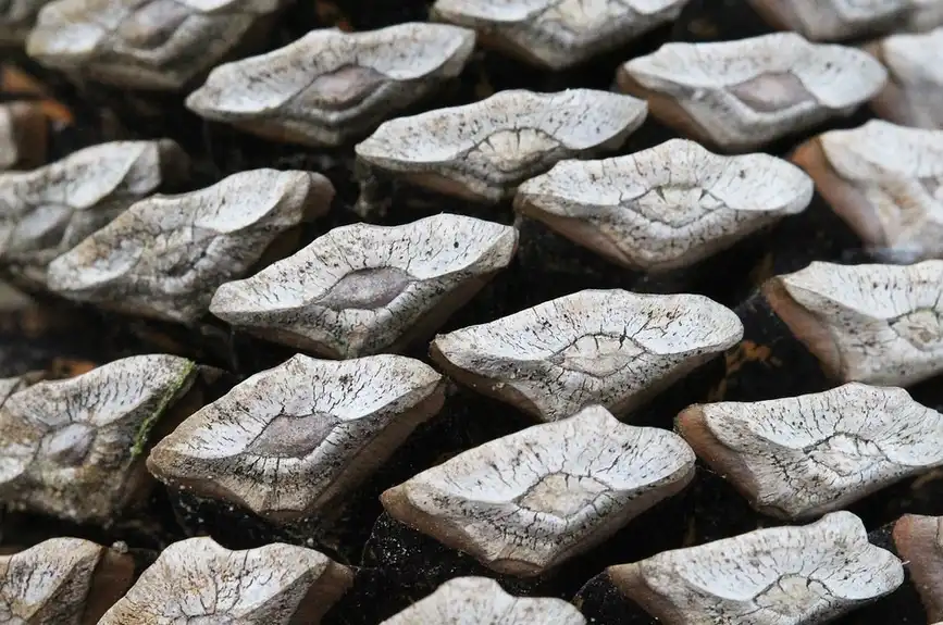 A close-up photo shows dozens of barnacles tightly clustered on a dark surface, their rough, cracked, grayish-white shells…