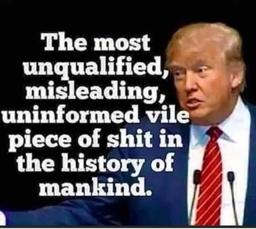 A photo of Donald Trump speaking at a podium, wearing a blue suit and red striped tie, with large white text overlaid on the…