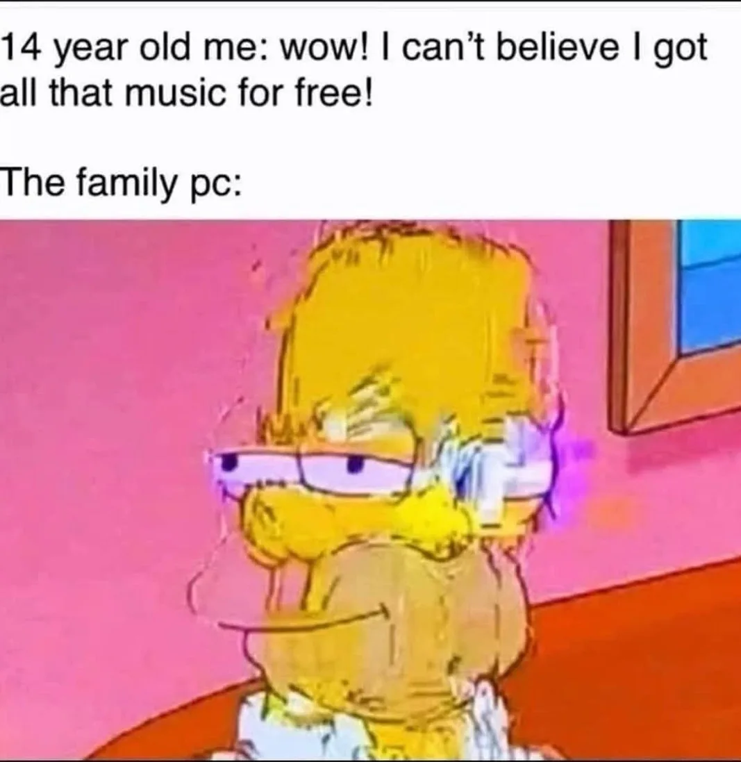 The image shows a distorted, glitchy close-up of Homer Simpson with a smug, self-satisfied expression, set against a pink…