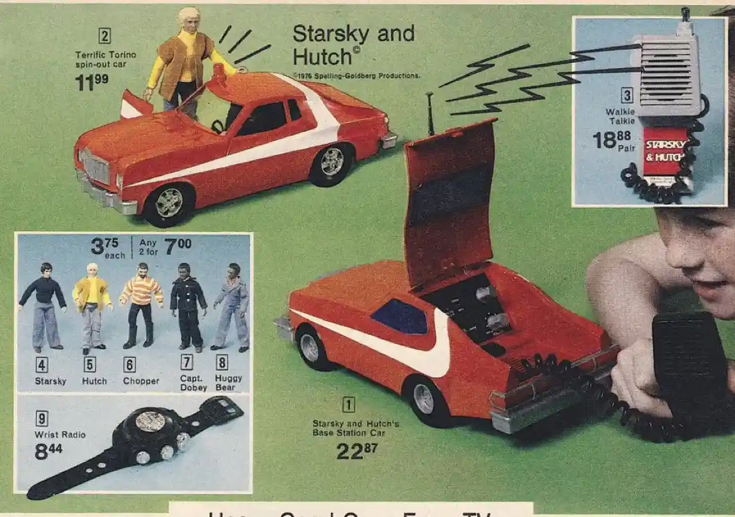 A vintage 1976 toy catalog page for 'Starsky and Hutch' merchandise, showing a red car with its hood open, a figure standing…