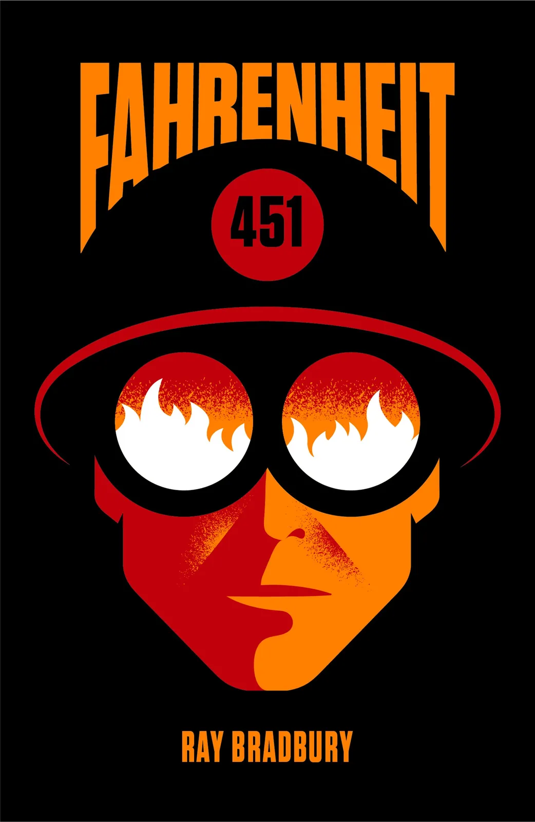 The image is the iconic cover art for Ray Bradbury's novel 'Fahrenheit 451,' featuring a stylized, minimalist illustration…