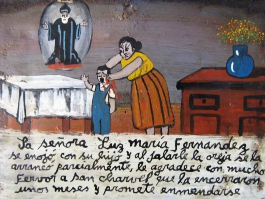 A hand-drawn, rustic-style painting depicts a woman angrily pulling the ear of a small child, who is screaming. Above them…