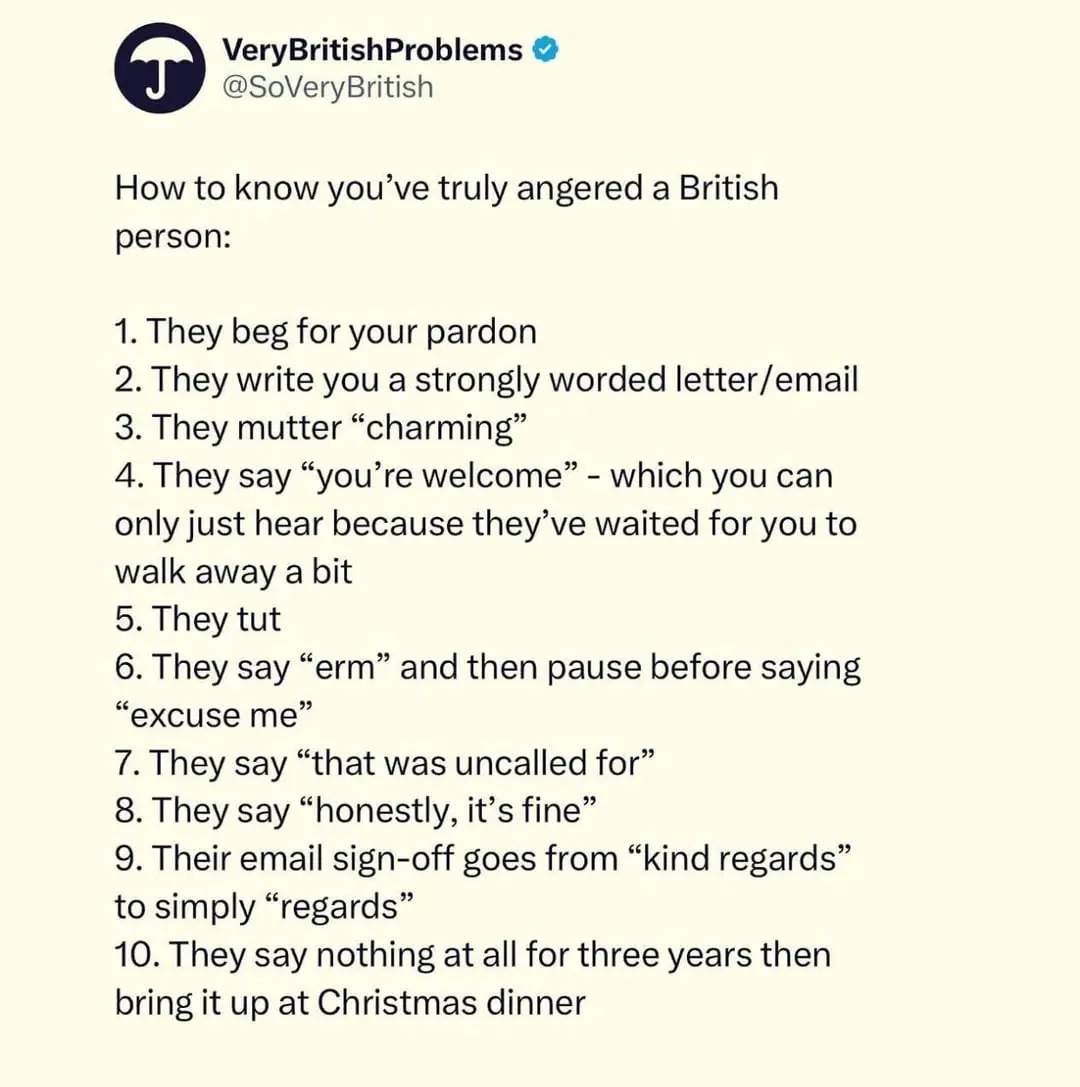 A screenshot of a tweet from 'VeryBritishProblems' listing ten humorous, culturally specific signs that a British person has…