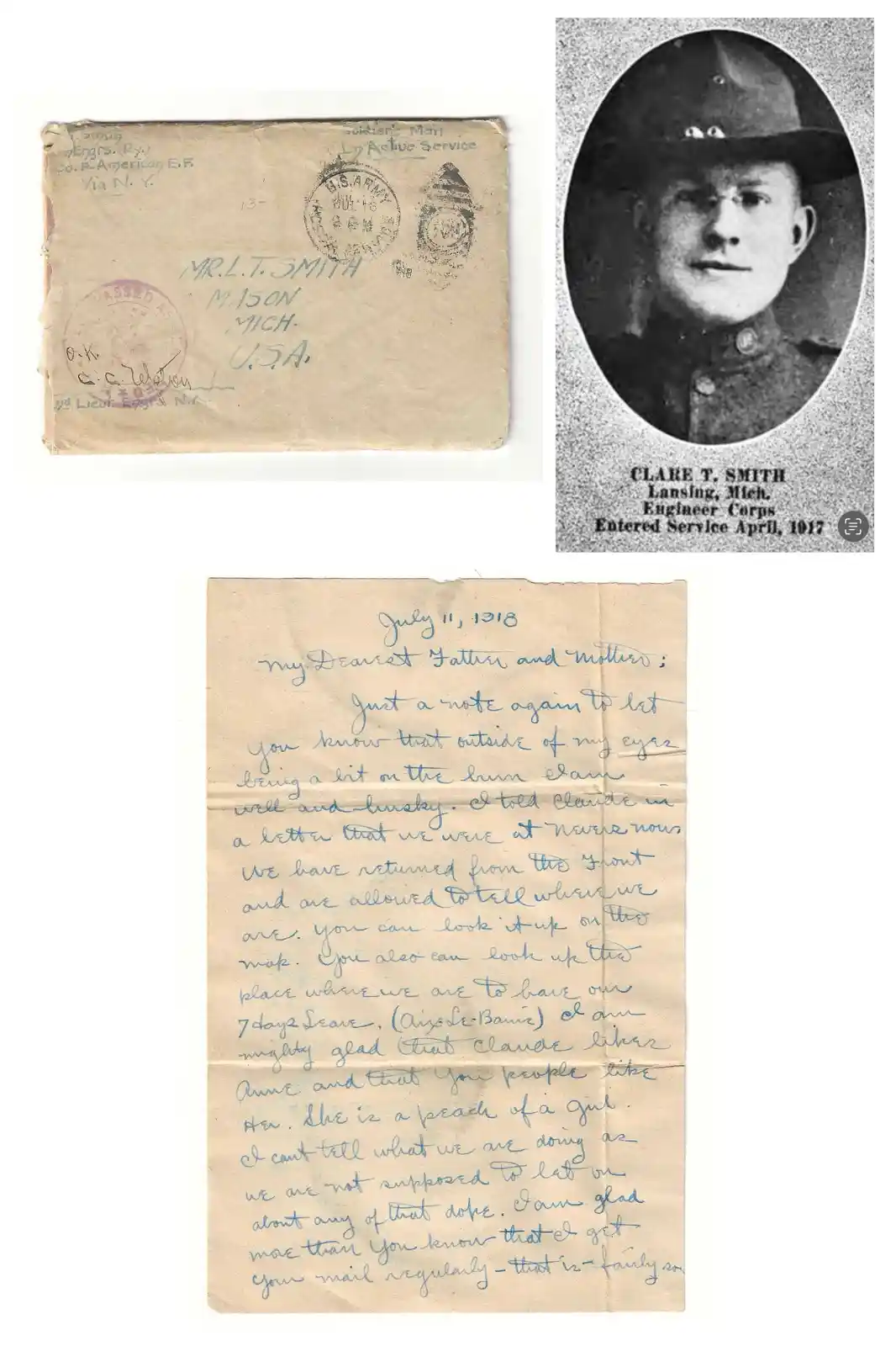 This image displays a historical World War I soldier's letter and its accompanying envelope and ID photo. The handwritten…