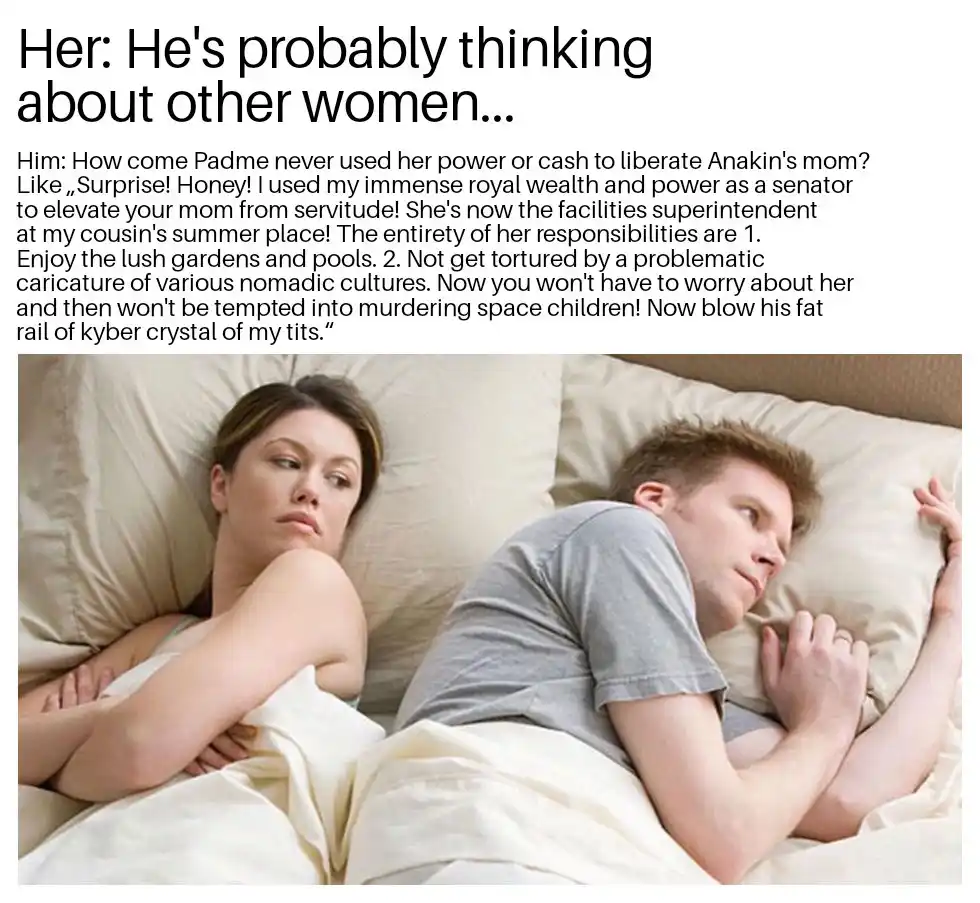 A man and woman lie in bed, turned away from each other, suggesting marital tension. The woman appears upset and skeptical…