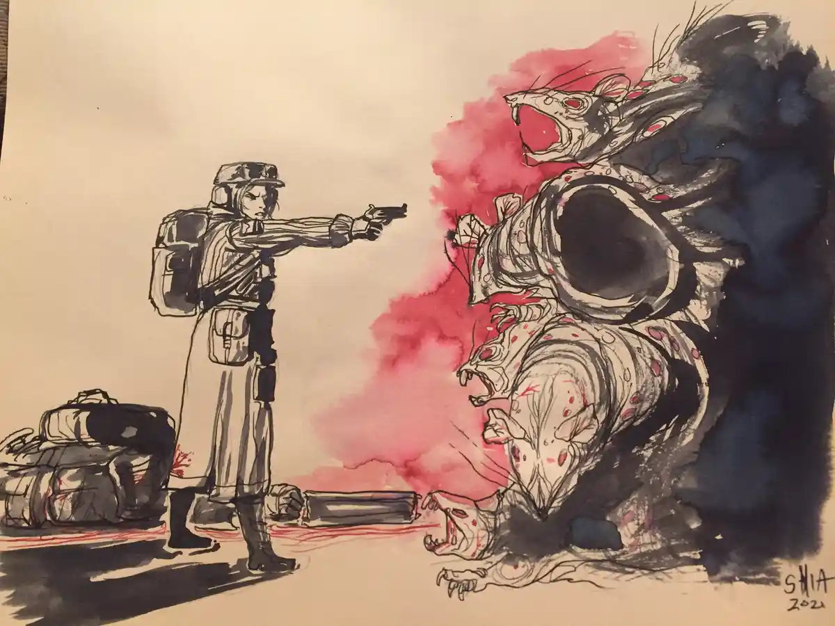 A watercolor and ink drawing shows a soldier in combat gear aiming a pistol at a monstrous, multi-headed rat-like creature…