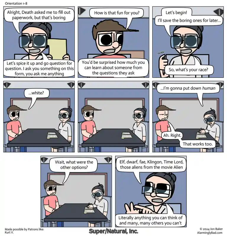 A six-panel comic strip shows two characters at a desk filling out paperwork. One character, representing Death, suggests…