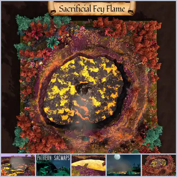 An overhead fantasy map depicts a vibrant, colorful forest surrounding a large, glowing orange and yellow lava pit labeled…
