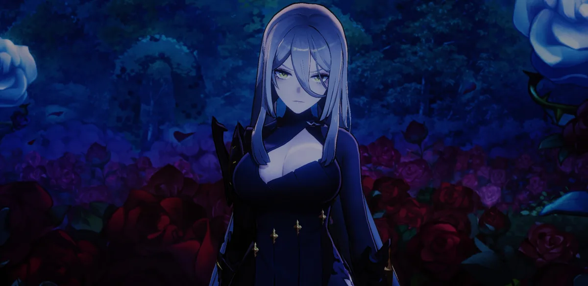 An anime-style female character with pale blue hair and yellow eyes stands in a dark, moody garden filled with red and blue…