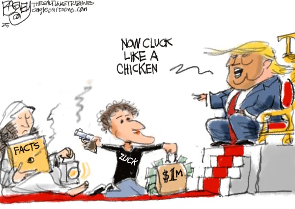 A cartoon depicts Donald Trump sitting on a throne, pointing at a man in a 'ZUCK' shirt holding a bag of money labeled '$1M'…