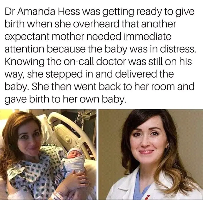 The image is split into two photos: on the left, a woman in a hospital gown holds a newborn baby in a hospital bed; on the…