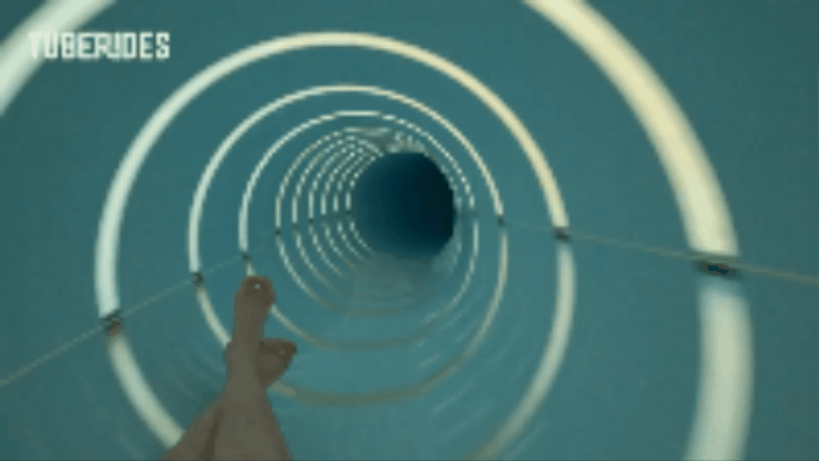 A six-panel image sequence from the game 'Tuberides' showing a first-person perspective of a person sliding down a…