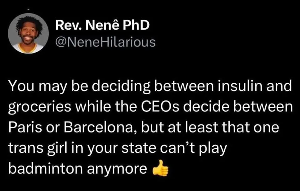 A screenshot of a tweet by Rev. Nenê PhD (@NeneHilarious) featuring a black background with white text. The text reads: 'You…
