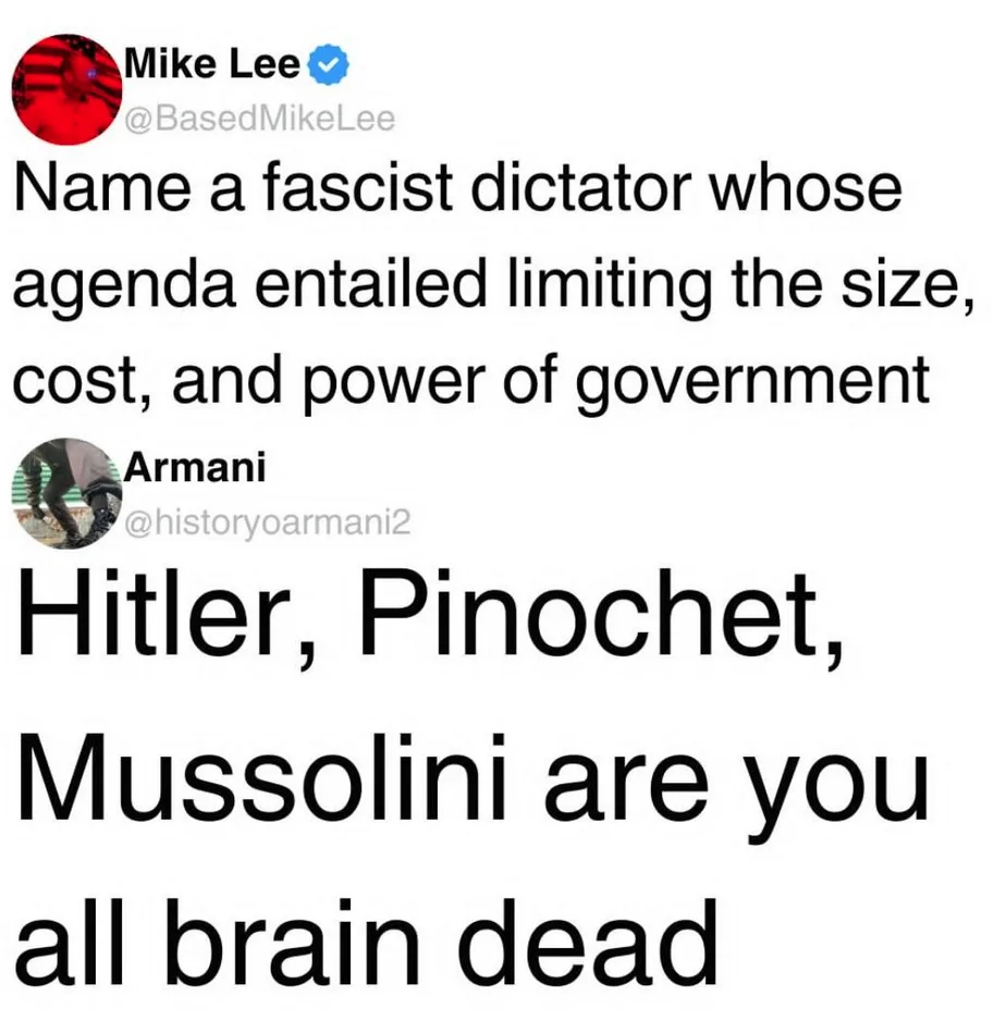 A screenshot of a Twitter thread shows user Mike Lee asking to name a fascist dictator whose agenda involved limiting…