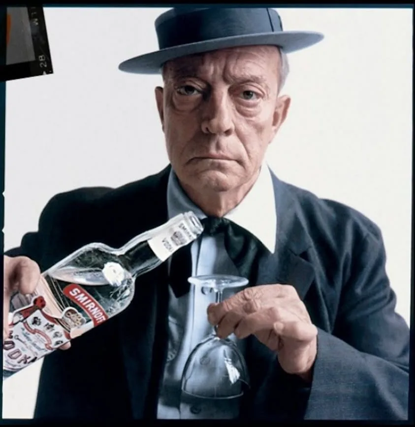 An older man in a black suit, white shirt, black bow tie, and black fedora pours vodka from a Smirnoff bottle into an…
