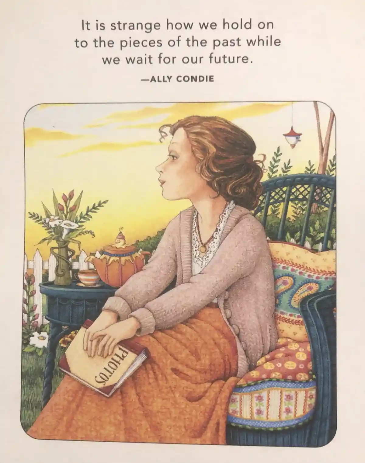 A vintage-style illustration shows a woman in a pink cardigan and orange skirt sitting on a blue wicker chair outdoors…