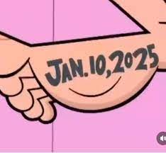 A cartoon arm with a smiling face tattooed on the forearm, with the date 'jan.10,2025' written across the smile. The arm is…