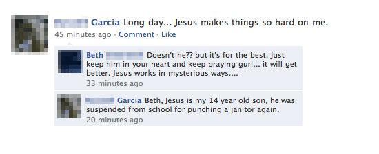 A screenshot of a Facebook comment thread where Garcia laments Jesus making things hard on them, Beth responds with…