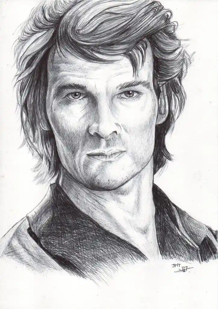 A detailed pencil sketch of a man with wavy hair and a serious expression, wearing a collared shirt. The image has no…