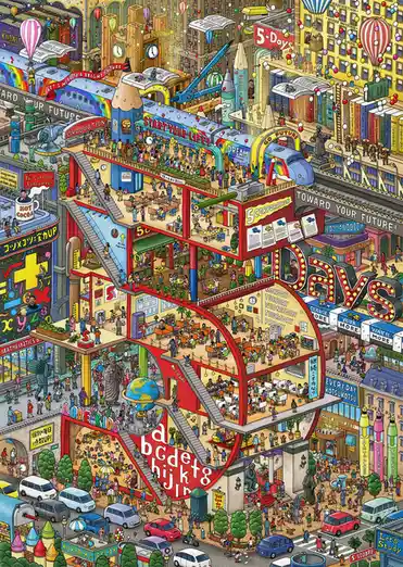 A colorful, intricate illustration depicts a massive, multi-level building shaped like the number '5', filled with scenes of…