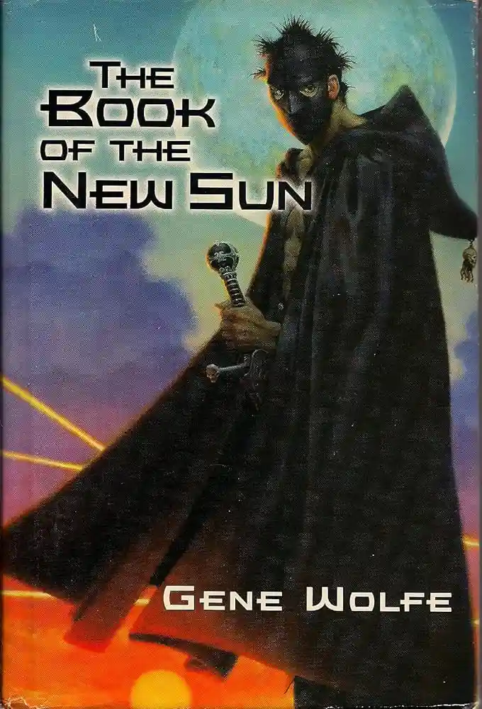 The image shows the cover of Gene Wolfe's book 'The Book of the New Sun', featuring a masked, cloaked figure holding a sword…