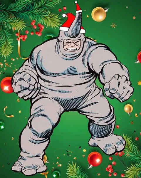 A muscular, grey, horned superhero character, identifiable as Rhino from Marvel Comics, is depicted in a festive setting…