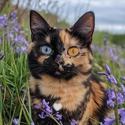 A calico cat with one blue eye and one amber eye sits among purple flowers, looking directly at the camera. The text overlay…